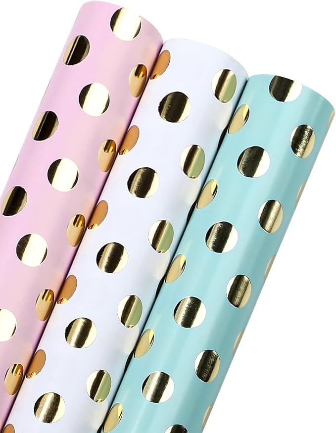 Birthday Wrapping Paper Roll - Mini Roll - 3 Rolls - 17 inch x 120 inch Per roll - Gold Foil Pink White Mint Polka Dots Design for Party, Holiday, Baby Shower