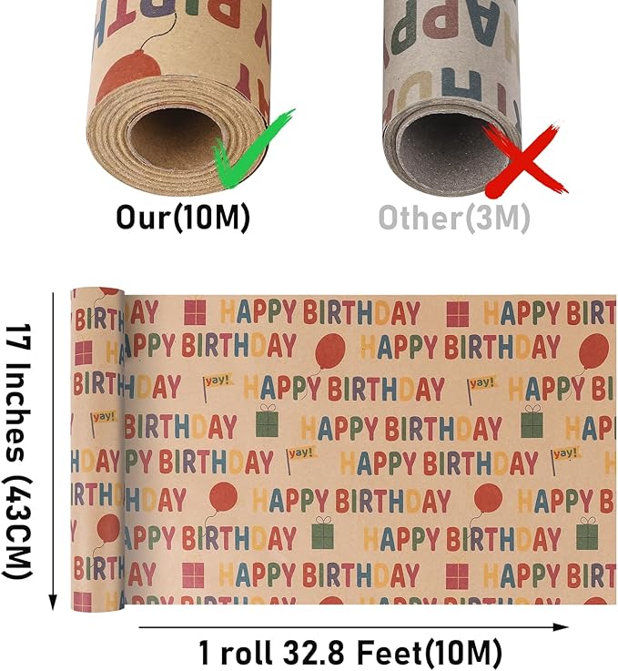 Birthday Wrapping Paper - Gift Wrapping Paper Roll, Kraft Wrapping Paper - 17 inch X 32.8 Feet Per Roll, Colorful Happy Birthday Pattern For Boys & Girls, Perfect For Party & Shower