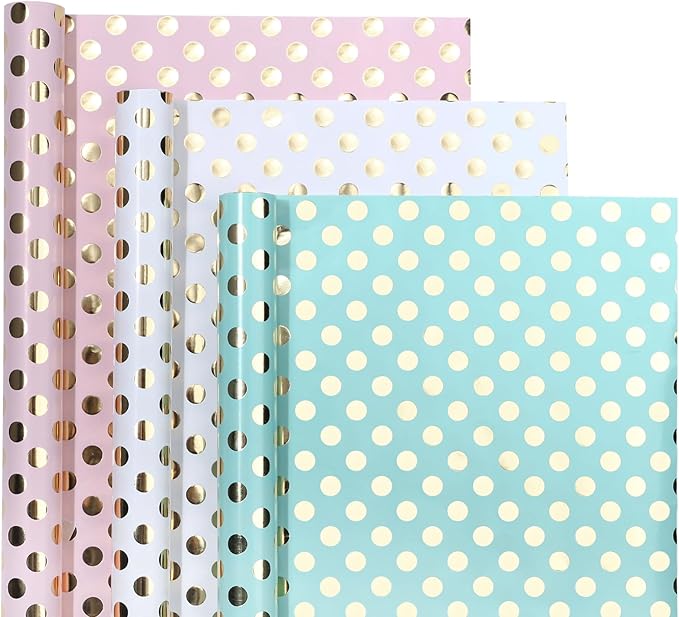 Birthday Wrapping Paper Roll - Mini Roll - 3 Rolls - 17 inch x 120 inch Per roll - Gold Foil Pink White Mint Polka Dots Design for Party, Holiday, Baby Shower