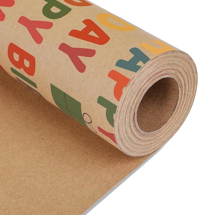 Birthday Wrapping Paper - Gift Wrapping Paper Roll, Kraft Wrapping Paper - 17 inch X 32.8 Feet Per Roll, Colorful Happy Birthday Pattern For Boys & Girls, Perfect For Party & Shower