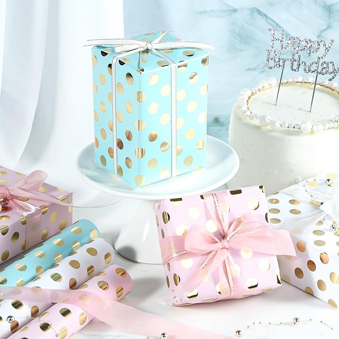 Birthday Wrapping Paper Roll - Mini Roll - 3 Rolls - 17 inch x 120 inch Per roll - Gold Foil Pink White Mint Polka Dots Design for Party, Holiday, Baby Shower