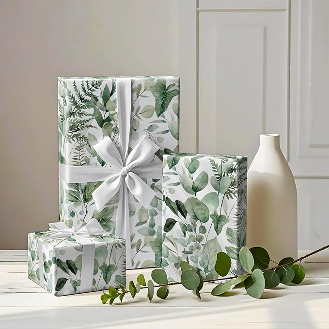 Eucalyptus Leaves Wrapping Paper Roll - Mini Roll - 17 Inch x 9.8 Feet - Greenery Wrapping Paper Perfect for Birthday, Wedding, Bridal Shower