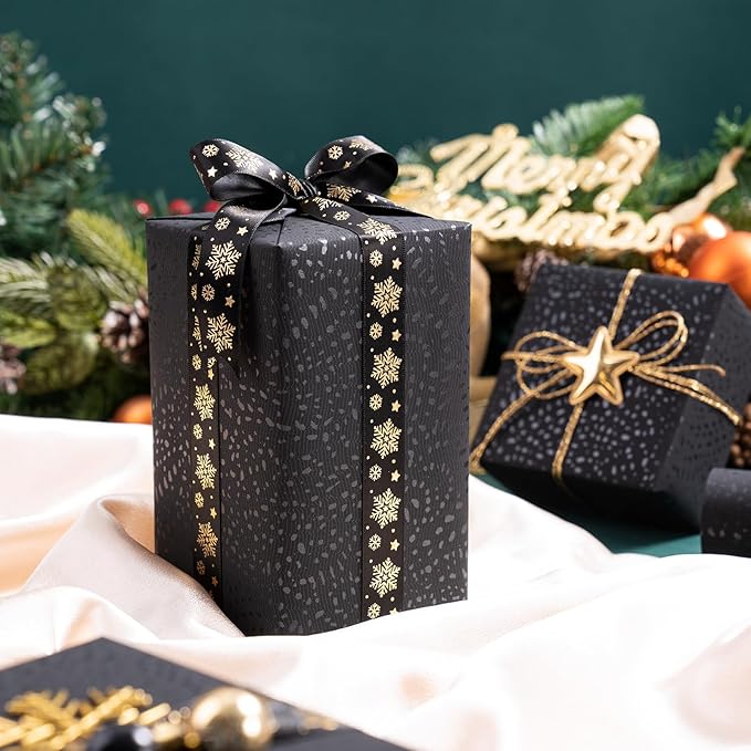 Black Wrapping Paper Roll - Mini Roll - 17 Inch x 16.5 Feet - Black with Silver Design Perfect for Christmas, Birthday, Holiday, Wedding, Baby Shower