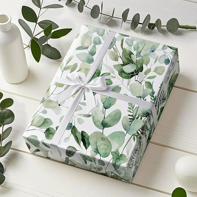 Eucalyptus Leaves Wrapping Paper Roll - Mini Roll - 17 Inch x 9.8 Feet - Greenery Wrapping Paper Perfect for Birthday, Wedding, Bridal Shower