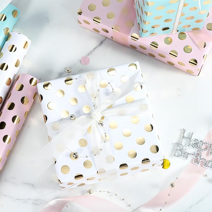 Birthday Wrapping Paper Roll - Mini Roll - 3 Rolls - 17 inch x 120 inch Per roll - Gold Foil Pink White Mint Polka Dots Design for Party, Holiday, Baby Shower