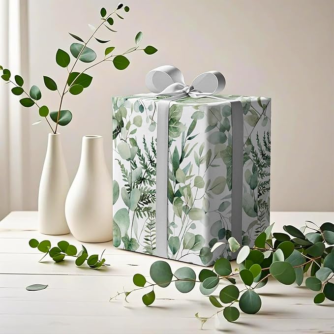 Eucalyptus Leaves Wrapping Paper Roll - Mini Roll - 17 Inch x 9.8 Feet - Greenery Wrapping Paper Perfect for Birthday, Wedding, Bridal Shower