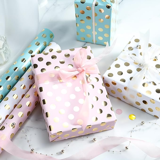 Birthday Wrapping Paper Roll - Mini Roll - 3 Rolls - 17 inch x 120 inch Per roll - Gold Foil Pink White Mint Polka Dots Design for Party, Holiday, Baby Shower