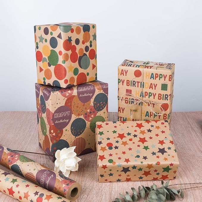 Birthday Wrapping Paper - Gift Wrapping Paper Roll, Kraft Wrapping Paper - 17 inch X 32.8 Feet Per Roll, Colorful Happy Birthday Pattern For Boys & Girls, Perfect For Party & Shower