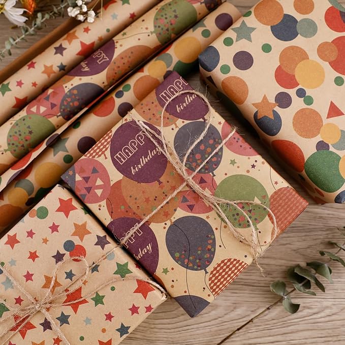 Birthday Wrapping Paper - Gift Wrapping Paper Roll, Kraft Wrapping Paper - 17 inch X 32.8 Feet Per Roll, Colorful Happy Birthday Pattern For Boys & Girls, Perfect For Party & Shower