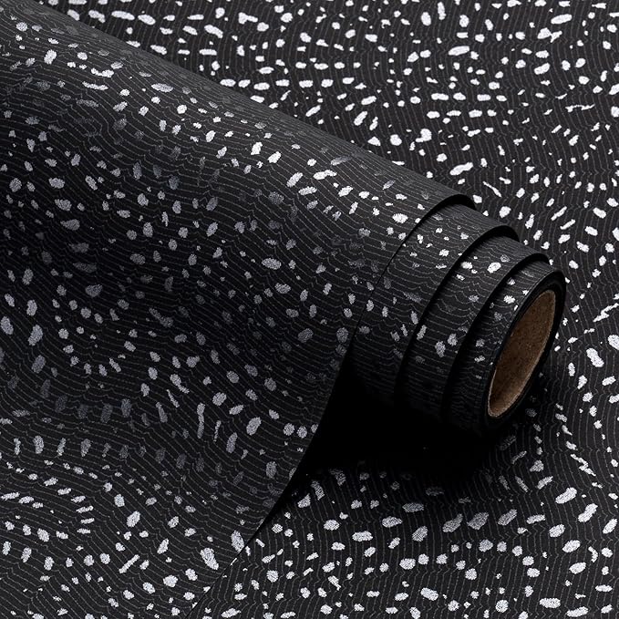 Black Wrapping Paper Roll - Mini Roll - 17 Inch x 16.5 Feet - Black with Silver Design Perfect for Christmas, Birthday, Holiday, Wedding, Baby Shower