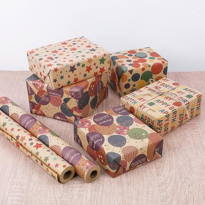 Birthday Wrapping Paper - Gift Wrapping Paper Roll, Kraft Wrapping Paper - 17 inch X 32.8 Feet Per Roll, Colorful Happy Birthday Pattern For Boys & Girls, Perfect For Party & Shower