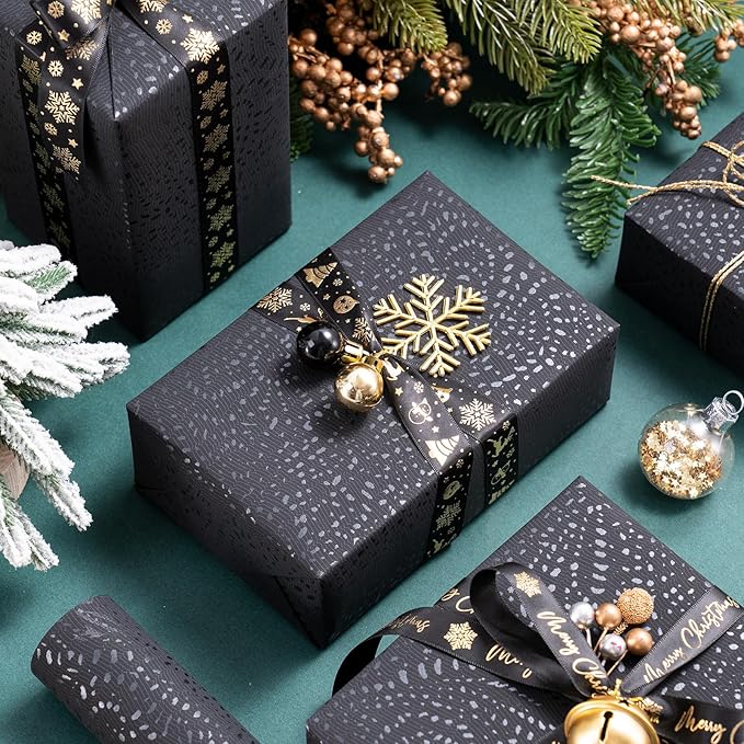Black Wrapping Paper Roll - Mini Roll - 17 Inch x 16.5 Feet - Black with Silver Design Perfect for Christmas, Birthday, Holiday, Wedding, Baby Shower