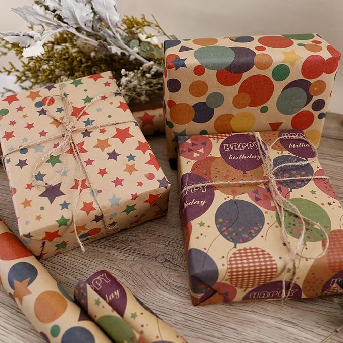 Birthday Wrapping Paper - Gift Wrapping Paper Roll, Kraft Wrapping Paper - 17 inch X 32.8 Feet Per Roll, Colorful Happy Birthday Pattern For Boys & Girls, Perfect For Party & Shower