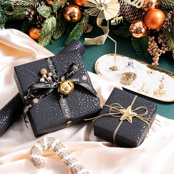 Black Wrapping Paper Roll - Mini Roll - 17 Inch x 16.5 Feet - Black with Silver Design Perfect for Christmas, Birthday, Holiday, Wedding, Baby Shower