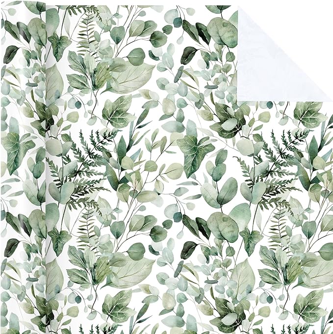 Eucalyptus Leaves Wrapping Paper Roll - Mini Roll - 17 Inch x 9.8 Feet - Greenery Wrapping Paper Perfect for Birthday, Wedding, Bridal Shower