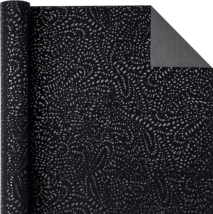Black Wrapping Paper Roll - Mini Roll - 17 Inch x 16.5 Feet - Black with Silver Design Perfect for Christmas, Birthday, Holiday, Wedding, Baby Shower